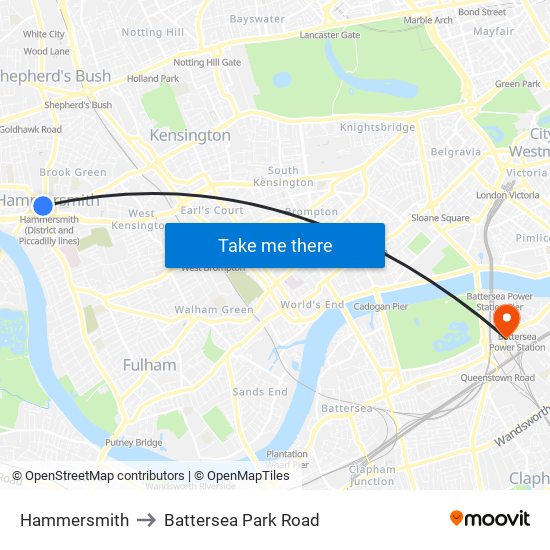 Hammersmith to Battersea Park Road map