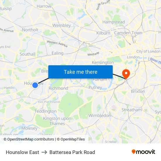 Hounslow East to Battersea Park Road map