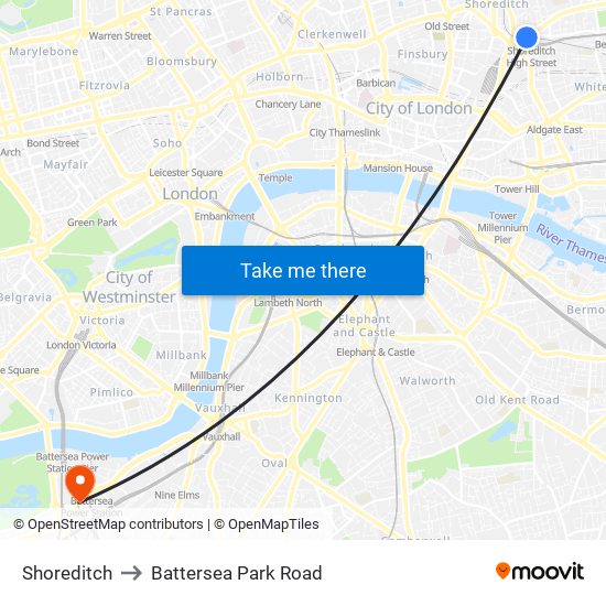 Shoreditch to Battersea Park Road map