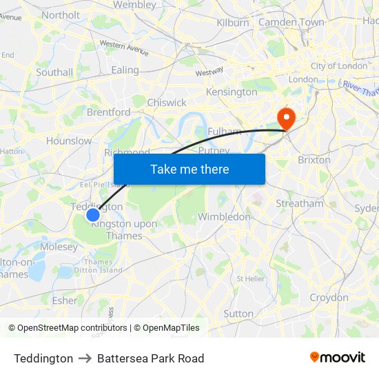 Teddington to Battersea Park Road map