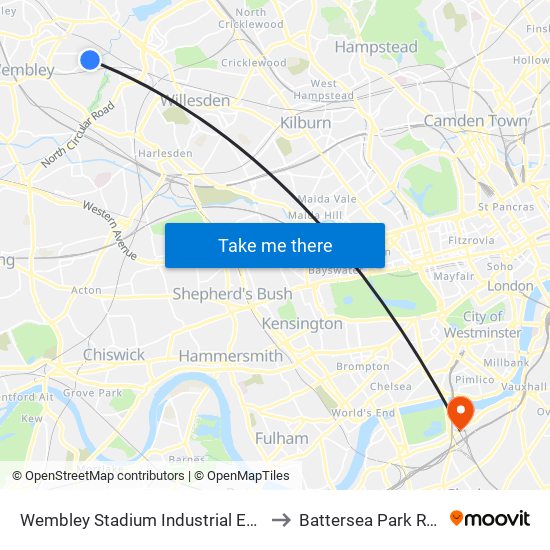 Wembley Stadium Industrial Estate to Battersea Park Road map