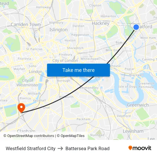 Westfield Stratford City to Battersea Park Road map