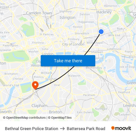 Bethnal Green Police Station to Battersea Park Road map