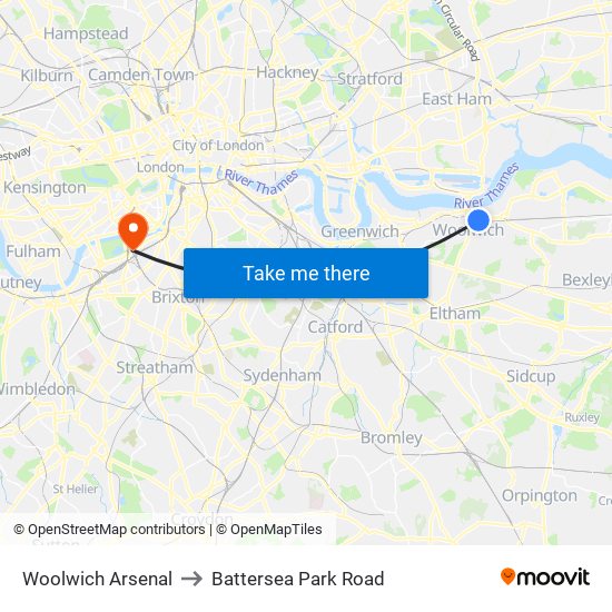 Woolwich Arsenal to Battersea Park Road map