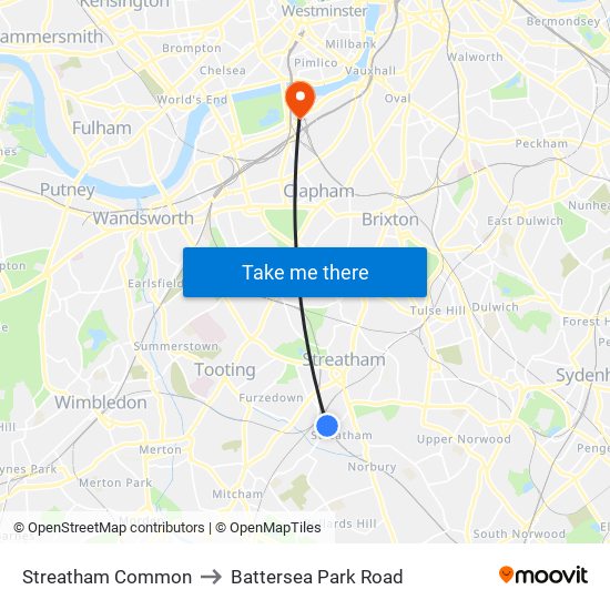 Streatham Common to Battersea Park Road map