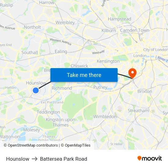 Hounslow to Battersea Park Road map