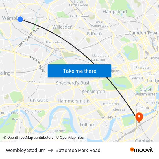 Wembley Stadium to Battersea Park Road map