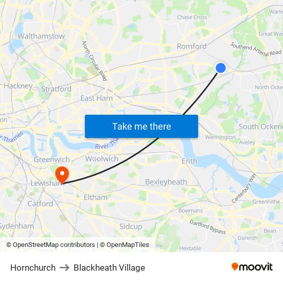 Hornchurch to Blackheath Village map