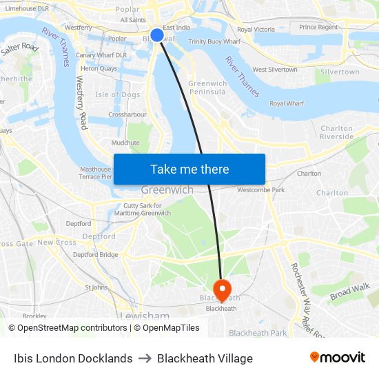 Ibis London Docklands to Blackheath Village map