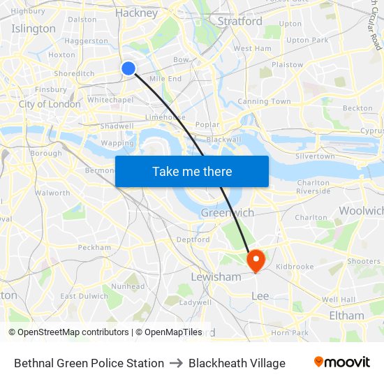 Bethnal Green Police Station to Blackheath Village map