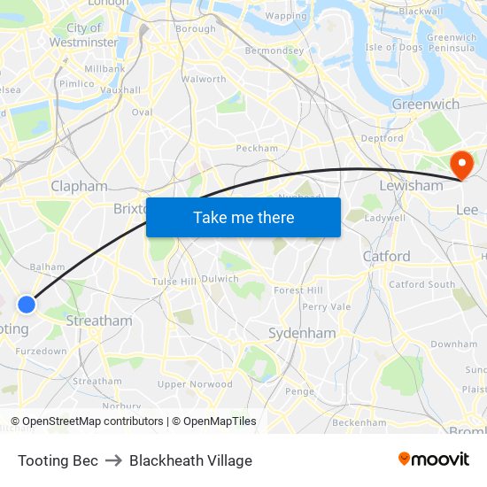 Tooting Bec to Blackheath Village map