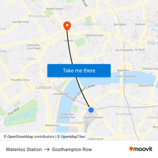 Waterloo Station to Southampton Row map