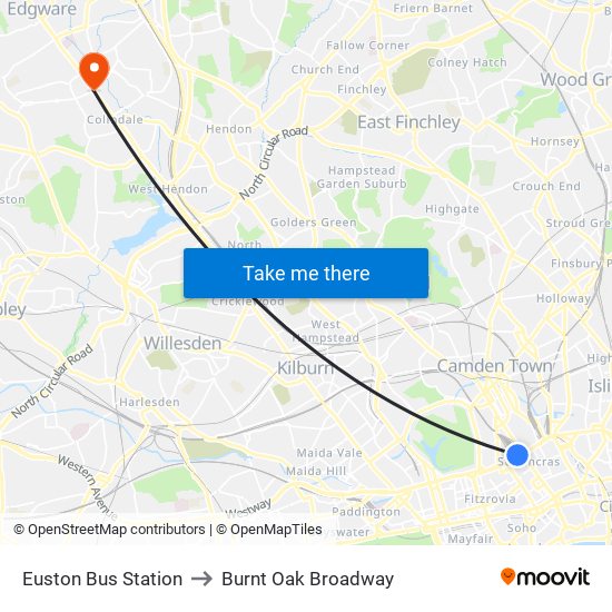 Euston Bus Station to Burnt Oak Broadway map