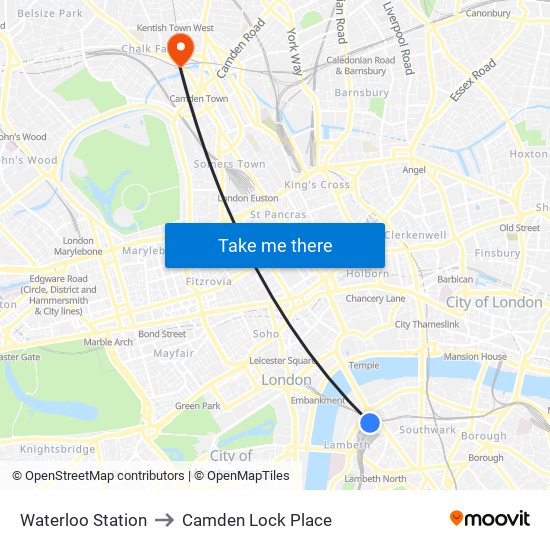 Waterloo Station to Camden Lock Place map