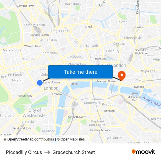 Piccadilly Circus to Gracechurch Street map