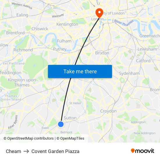 Cheam to Covent Garden Piazza map