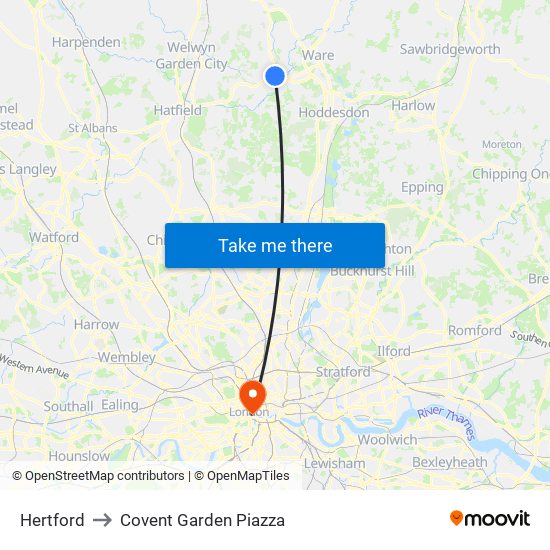 Hertford to Covent Garden Piazza map