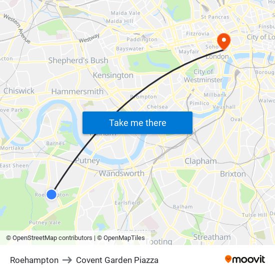Roehampton to Covent Garden Piazza map