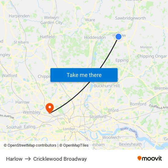 Harlow to Cricklewood Broadway map