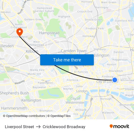 Liverpool Street to Cricklewood Broadway map