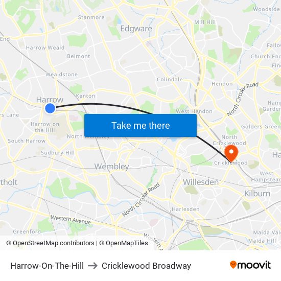 Harrow-On-The-Hill to Cricklewood Broadway map