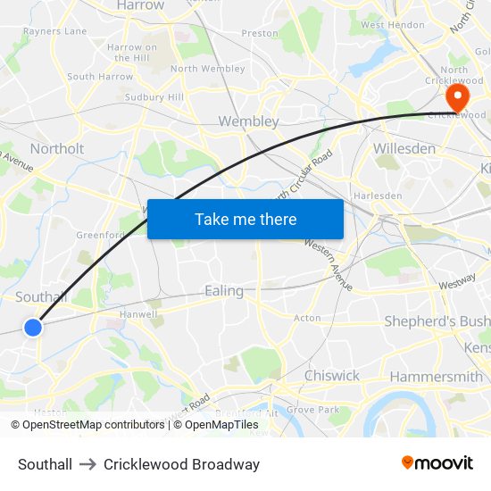 Southall to Cricklewood Broadway map