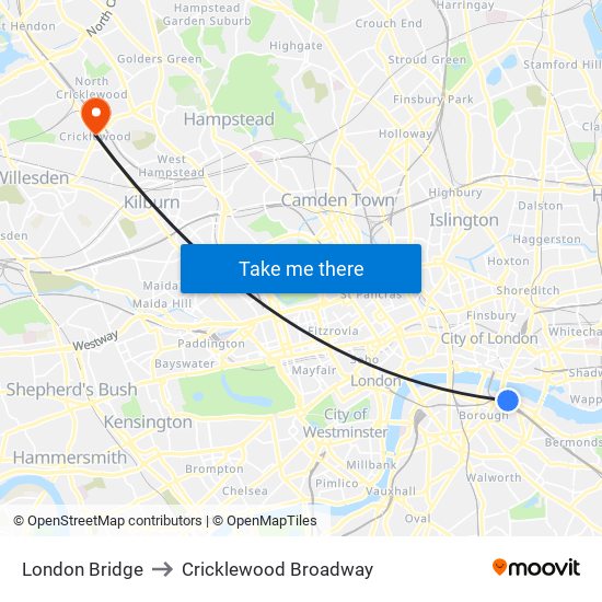 London Bridge to Cricklewood Broadway map