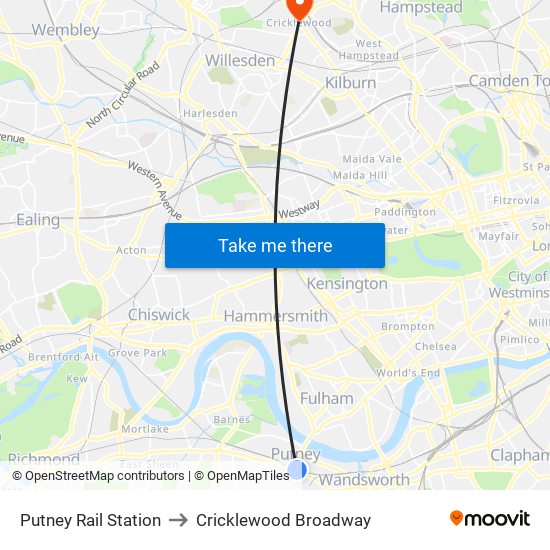 Putney Rail Station to Cricklewood Broadway map