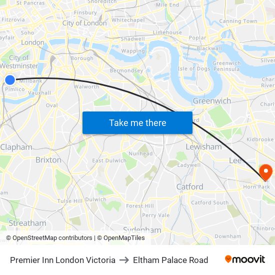 Premier Inn London Victoria to Eltham Palace Road map