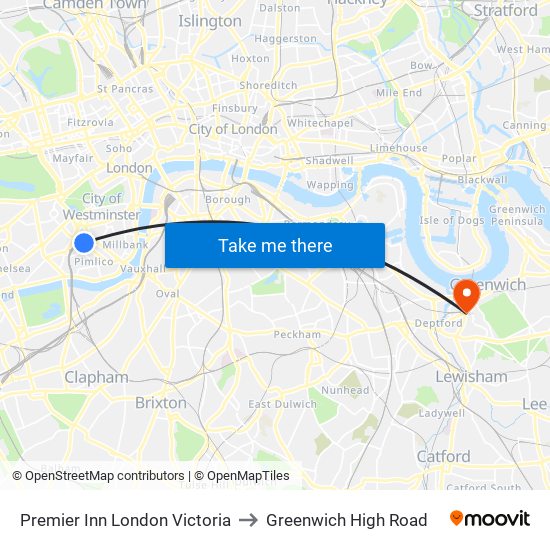 Premier Inn London Victoria to Greenwich High Road map