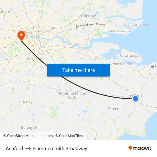 Ashford to Hammersmith Broadway map