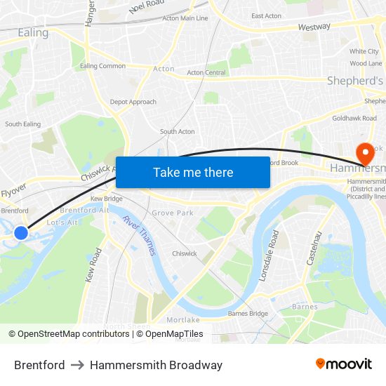 Brentford to Hammersmith Broadway map