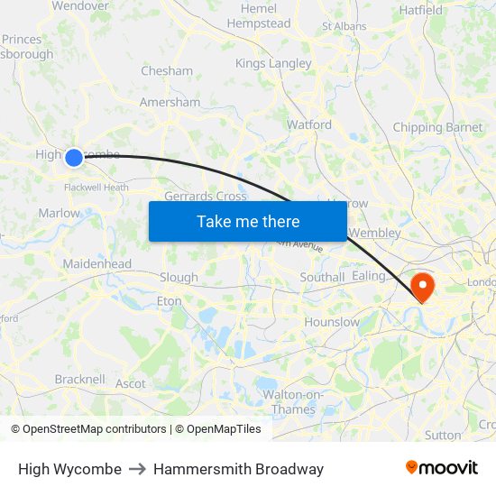 High Wycombe to Hammersmith Broadway map