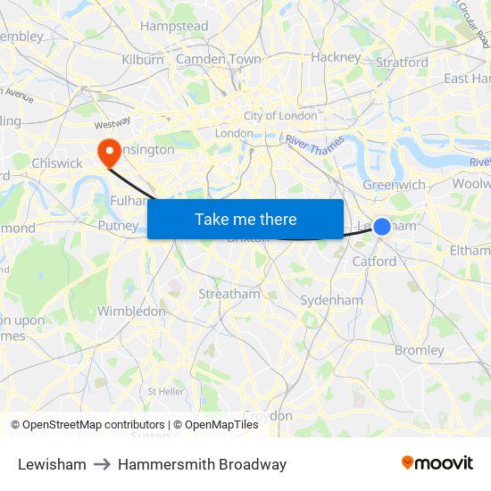 Lewisham to Hammersmith Broadway map