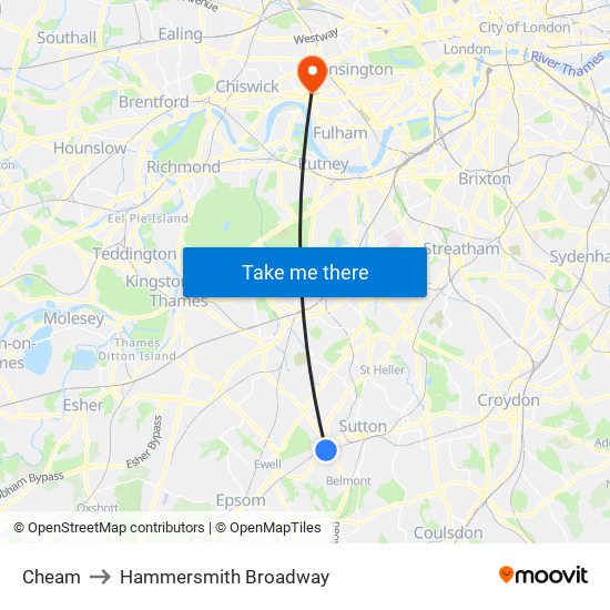 Cheam to Hammersmith Broadway map