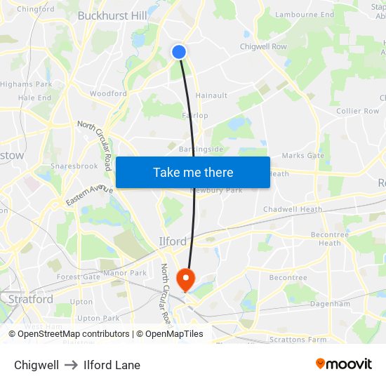 Chigwell to Ilford Lane map