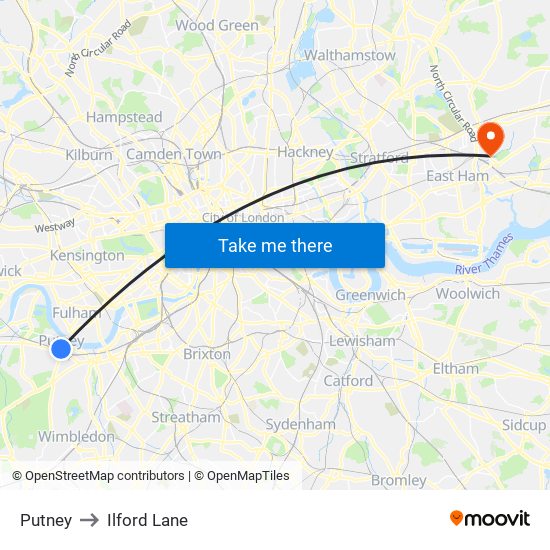 Putney to Ilford Lane map
