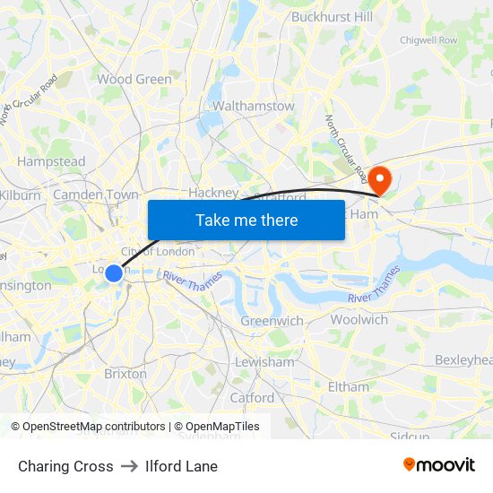 Charing Cross to Ilford Lane map