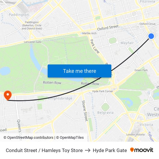 Conduit Street / Hamleys Toy Store to Hyde Park Gate map