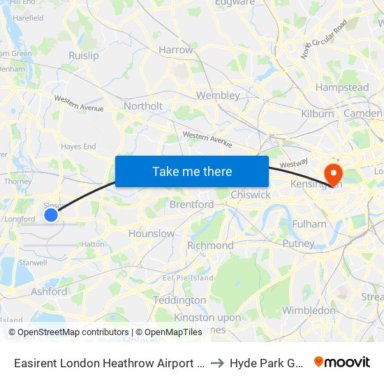 Easirent London Heathrow Airport Lhr to Hyde Park Gate map