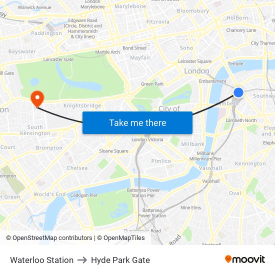 Waterloo Station to Hyde Park Gate map