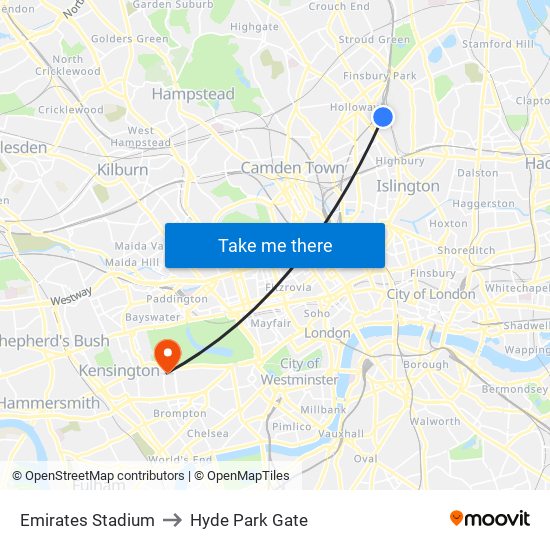 Emirates Stadium to Hyde Park Gate map
