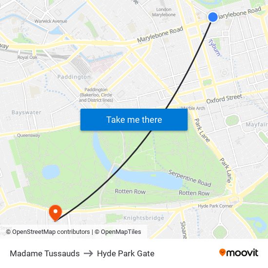 Madame Tussauds to Hyde Park Gate map