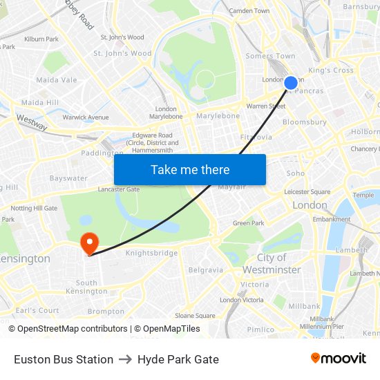 Euston Bus Station to Hyde Park Gate map