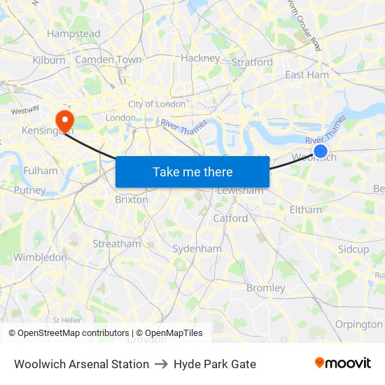 Woolwich Arsenal Station to Hyde Park Gate map