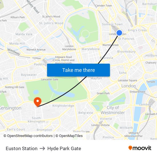 Euston Station to Hyde Park Gate map