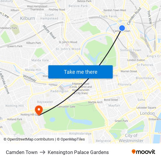 Camden Town to Kensington Palace Gardens map