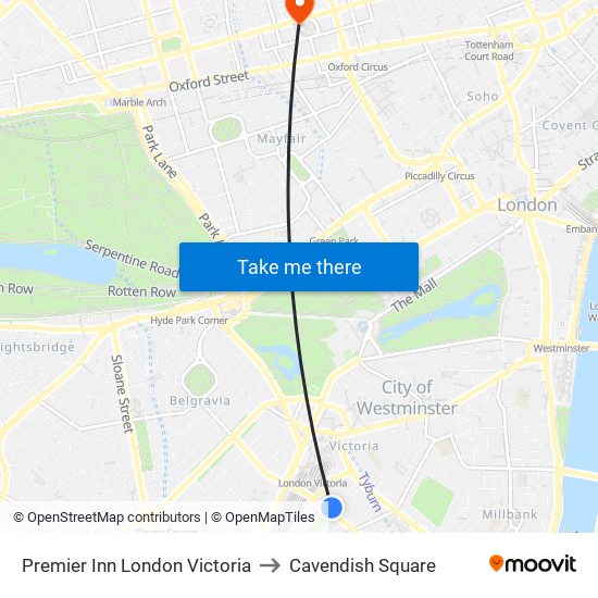 Premier Inn London Victoria to Cavendish Square map