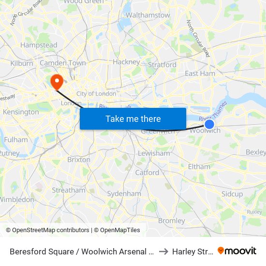 Beresford Square / Woolwich Arsenal Station to Harley Street map