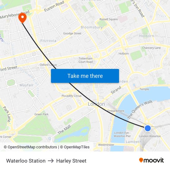 Waterloo Station to Harley Street map